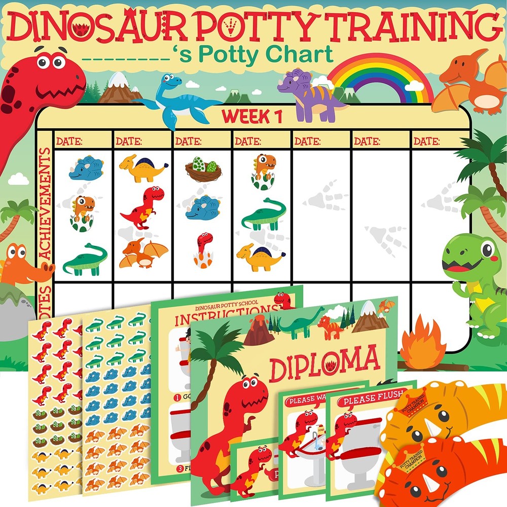 Dinosaur Potty Training Chart for Toddlers, 194 Stickers, Reward Set