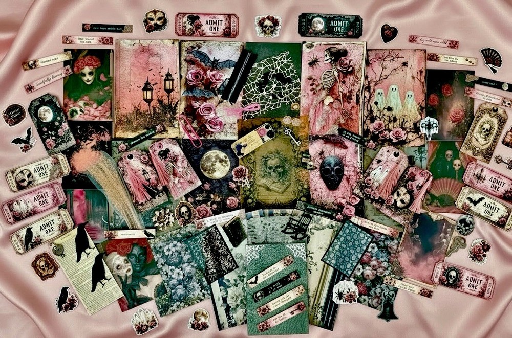 Victorian Gothic Junk Journal Kit Ephemera Bundle 100+ Pcs Pink Roses Skulls