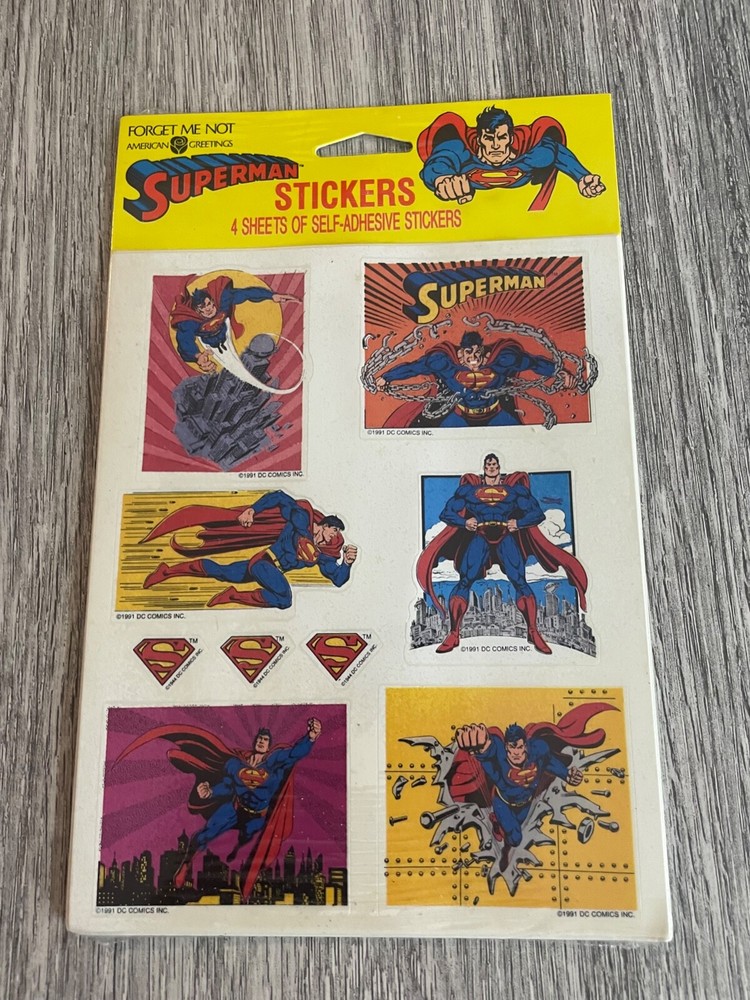 American Greetings SUPERMAN Stickers Vintage 1992 SEALED Forget Me Not 4 Sheets