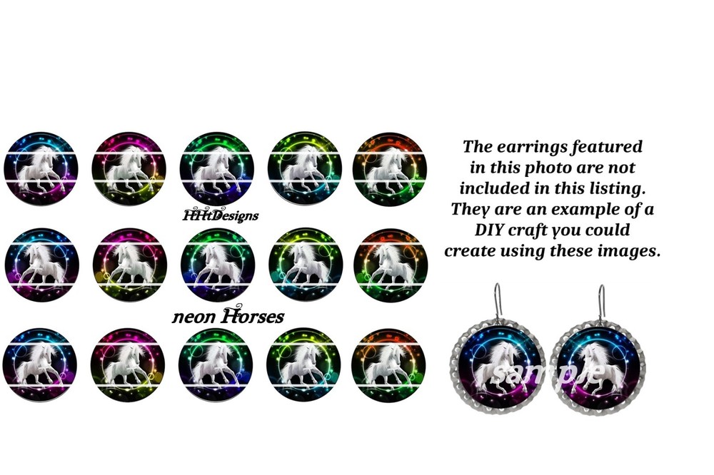 Bottle Cap Images Set of 15 (25mm) 1″ Precut ~ Neon Horses