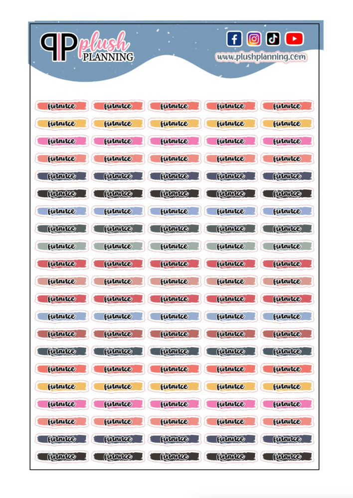Finance Script Brush Stroke Labels Planner Stickers, Laurel Denise Inspired Colo