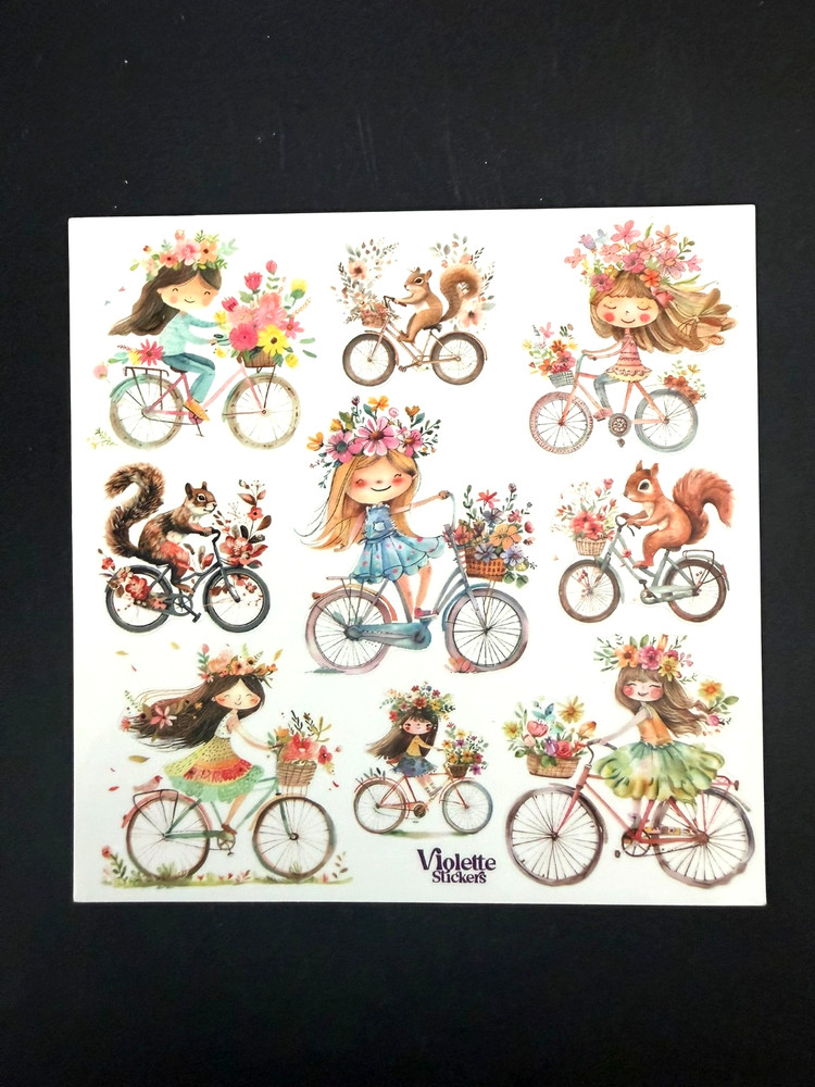 Violette Stickers Girls and Squirrels on Bikes Crafts Planner Supply Scrapbook