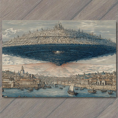 STICKER UFO Over Ancient Port City Red Energy Lines Bizarre Flying Saucer Map