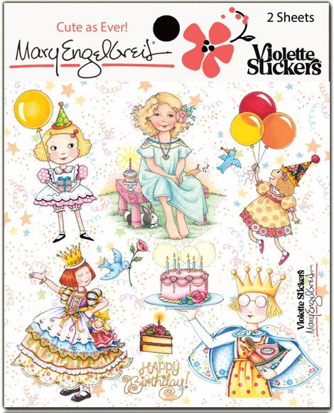 Mary Engelbreit Stickers 2 Sheets Mary’s Birthday Girls Whimsical Cake Balloons