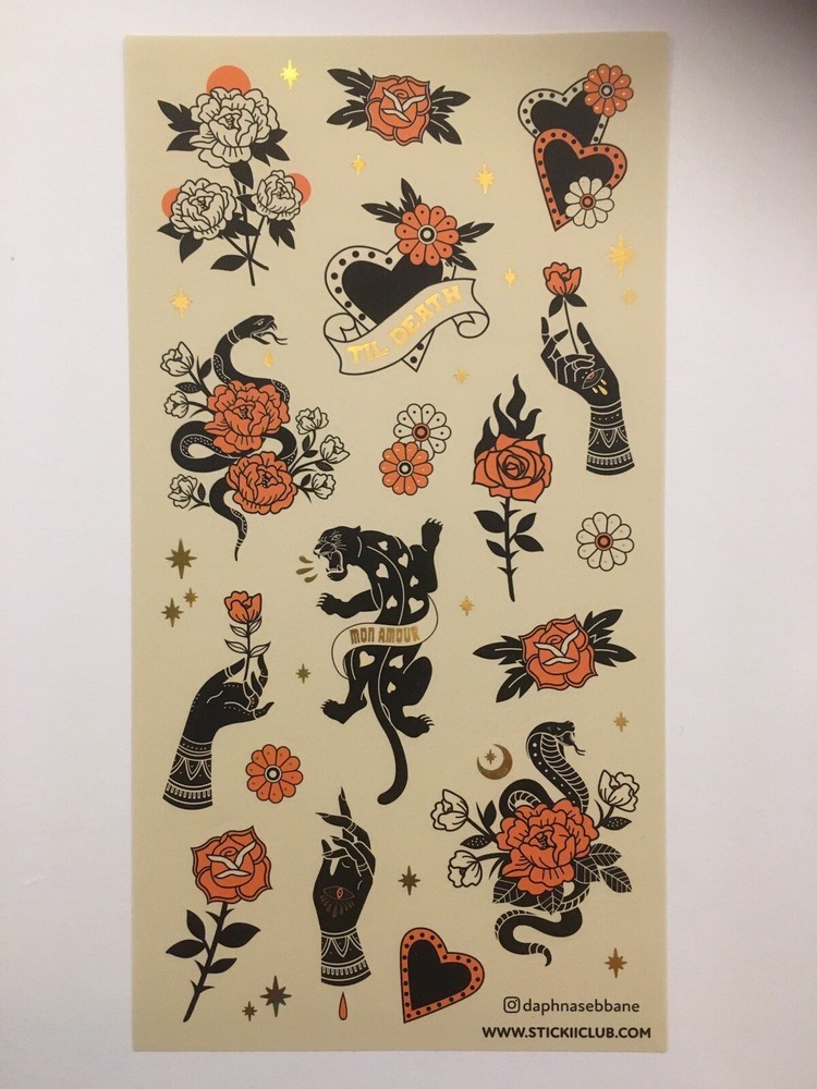 Stickii Club sticker sheet Roses Snakes Hearts Panther Hands Gold