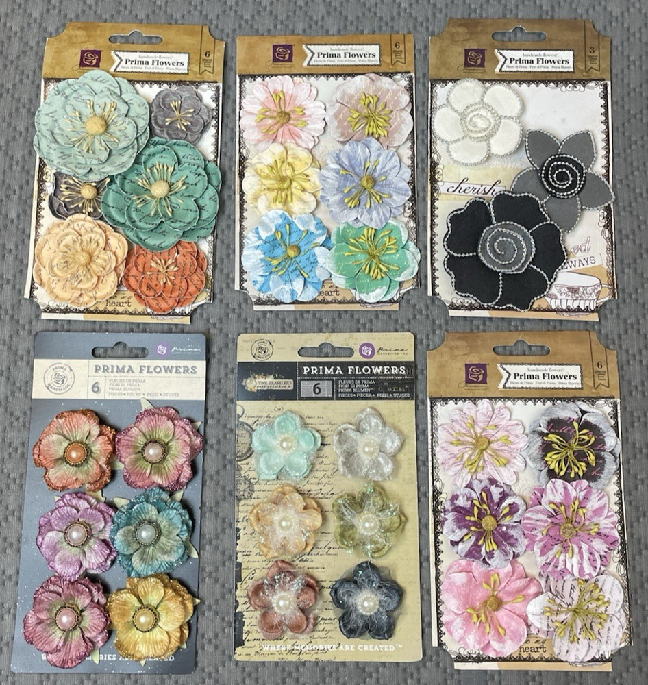 NEW Lot of 6 PRIMA MARKETING Handmade Flowers Time Traveler Black Green Orange A