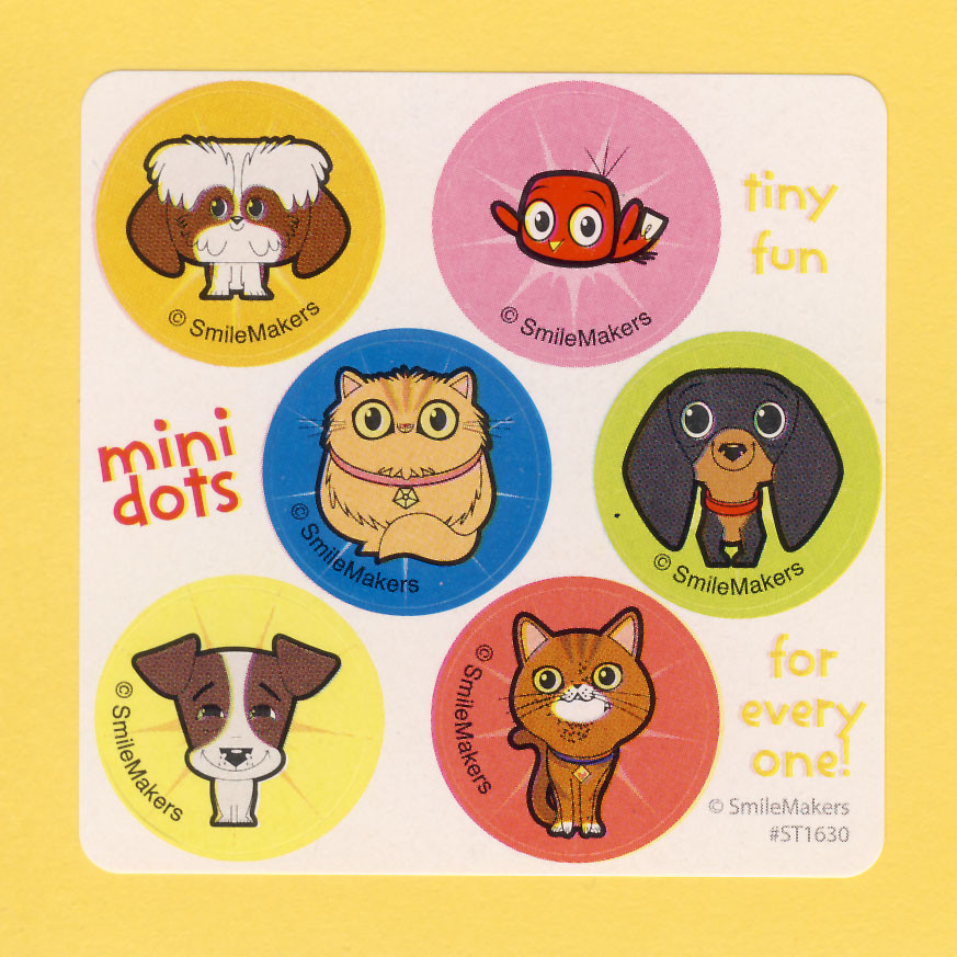 60 Playful Pets Mini Dot Stickers – Party Favors – Puppy Dog, Cat, Bird