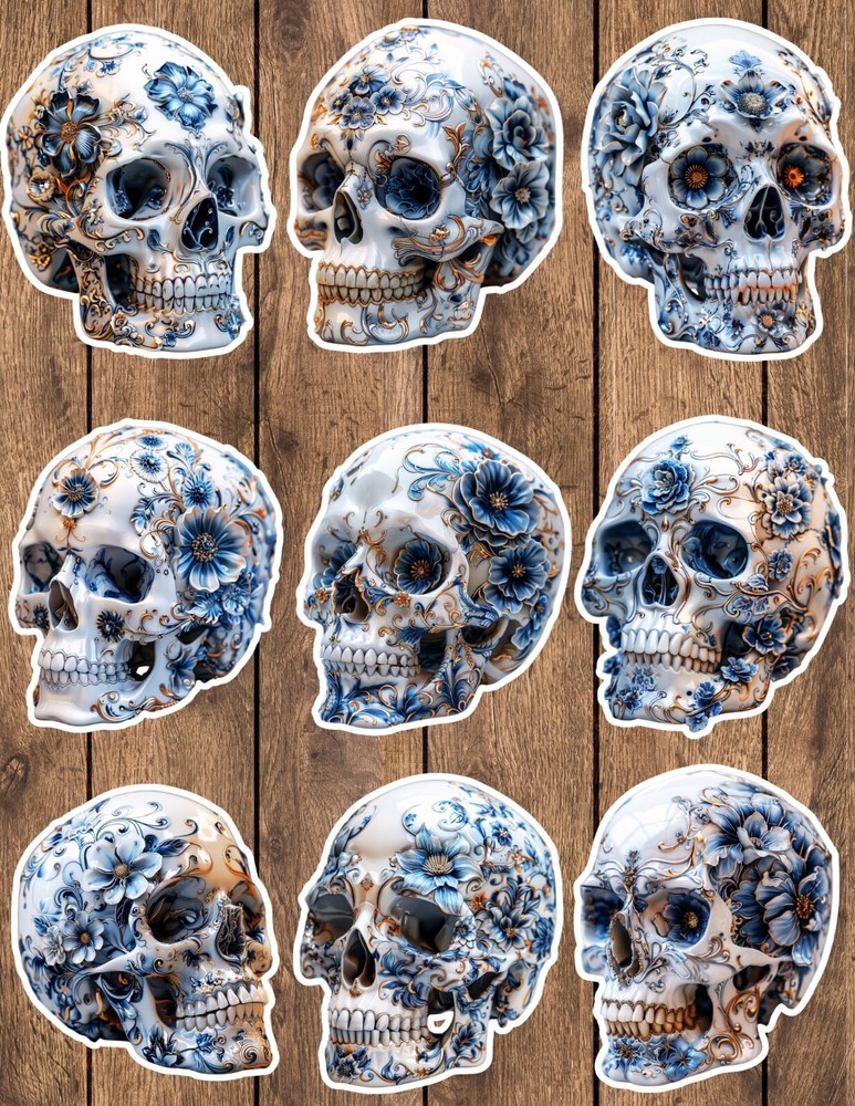 Blue and White Skull Die Cut Vinyl Stickers Set Scrapbooking Laptop Waterbottle