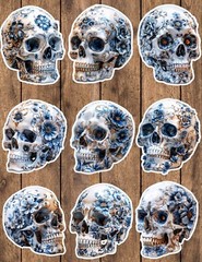 Blue and White Skull Die Cut Vinyl Stickers Set Scrapbooking Laptop Waterbottle