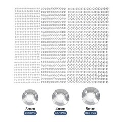1532Pcs 3 Sheets Rhinestone Stickers 3/4/5 mm Self Adhesive Gems Glitter Silver