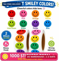 1000 Smiley Face Reward Stickers for Kids, 1 Inch Round Multicolor Happy Face St