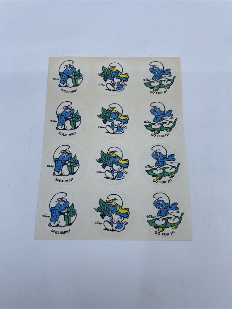 Vintage 80s Stickers Smurf Scratch n Sniff Spearmint 1982 Unused