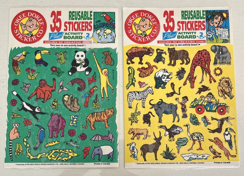 Okee Dokee Reusable Stickers Plus Activity Board~2~Safari/Rainforest Canada 1993