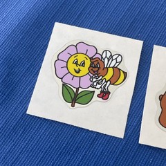 Vintage Rare 1980s Foil Stickers Bear Watering Flowers And Bee Smiling Flower