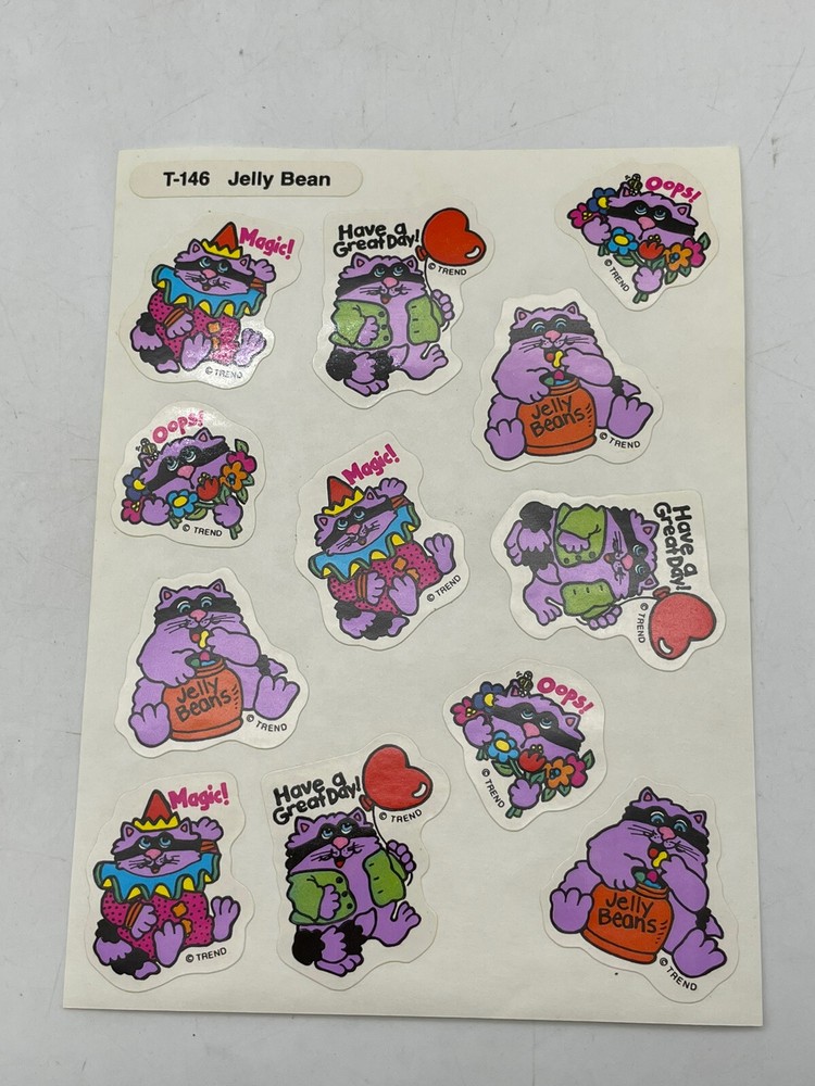 Vintage TREND Stinky Stickers full sheet scratch sniff T-146 JELLY BEAN raccoon