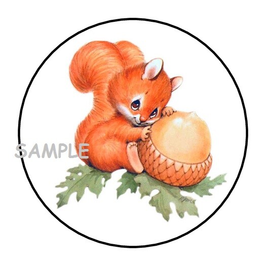30 CUTE BABY SQUIRREL & ACORN ENVELOPE SEALS LABELS STICKERS 1.5″ ROUND AUTUMN
