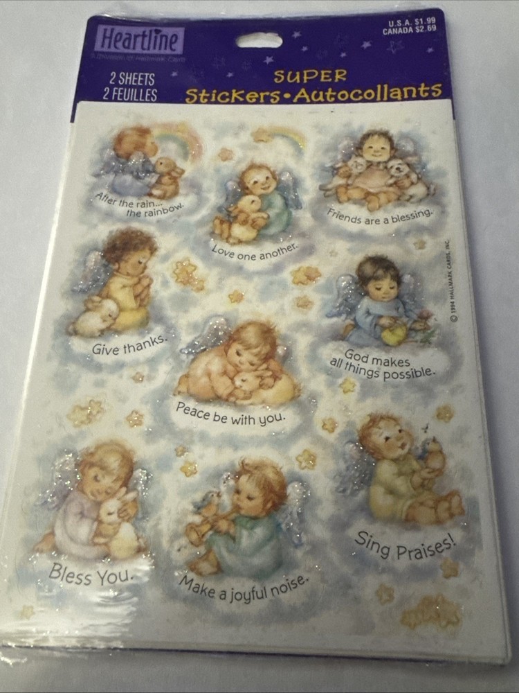 Vintage 1994 Hallmark Heartline Glitter Stickers Angel Babies Animals 2 Sheets