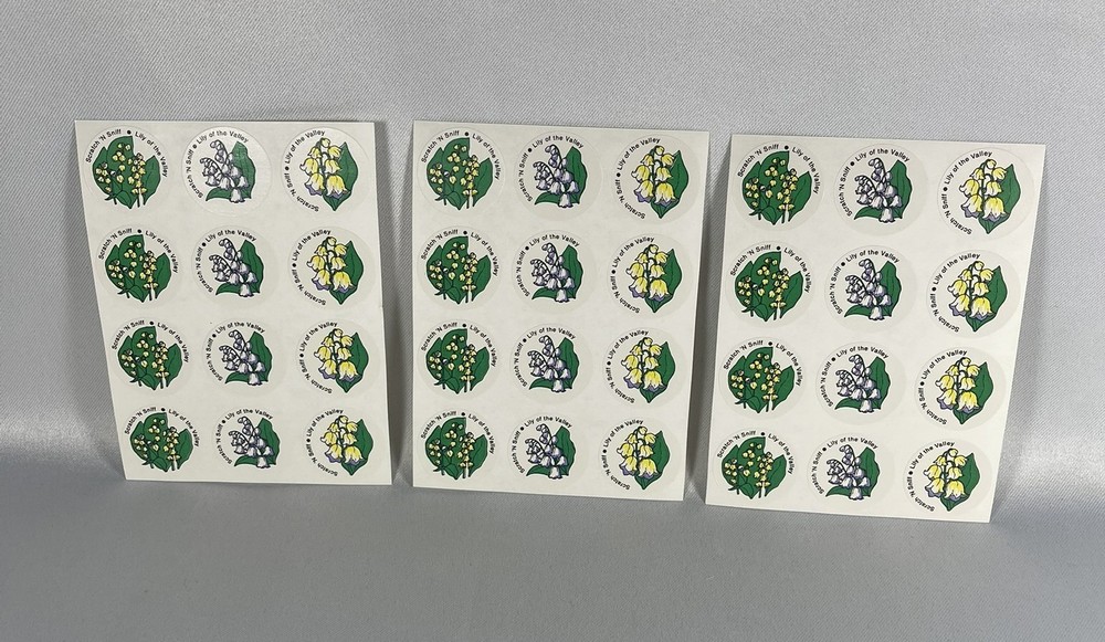 VINTAGE ORIGINAL 1982 CTP LILY OF THE VALLEY SCRATCH ‘N SNIFF STICKERS – 3 FULL