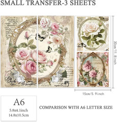 3Pcs/Set Rose Rub on Transfers for Furniture and Crafts 6X12 Inch Vintage Photo