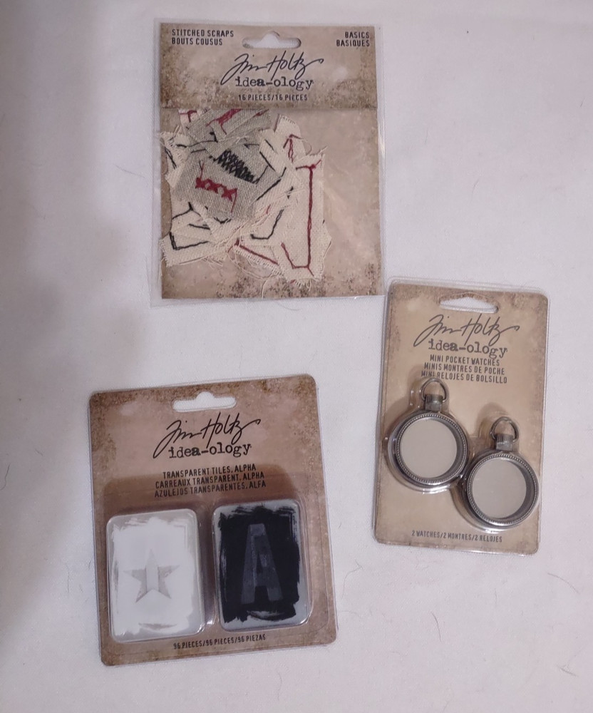 Tim Holtz Idea-ology Lot Transparent Tiles Mini Stitched Scraps Pocket Watches