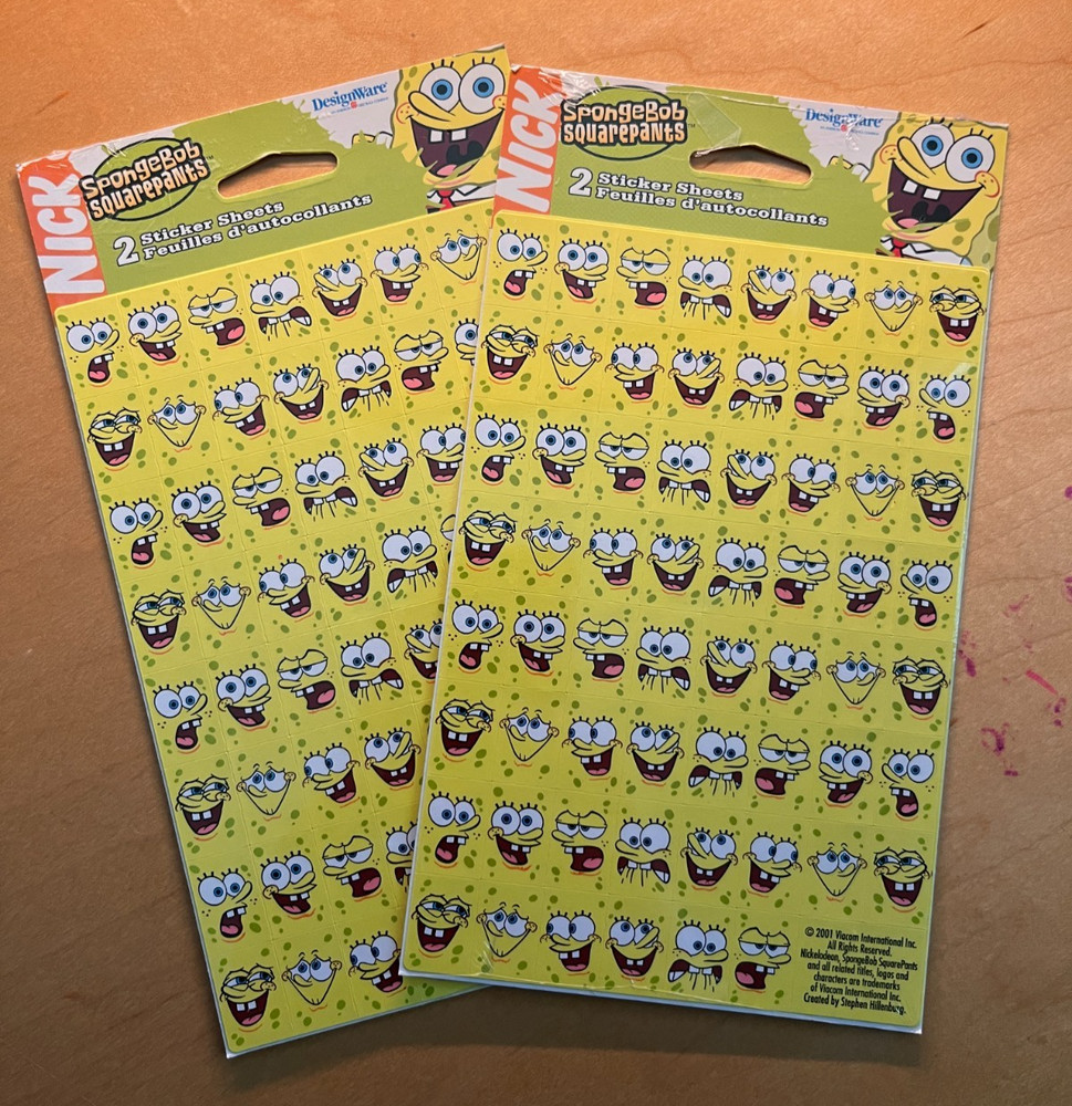 2x NEW SpongeBob SquarePants Sticker Sheets 2001 VTG 248 Total Bob Face Stickers