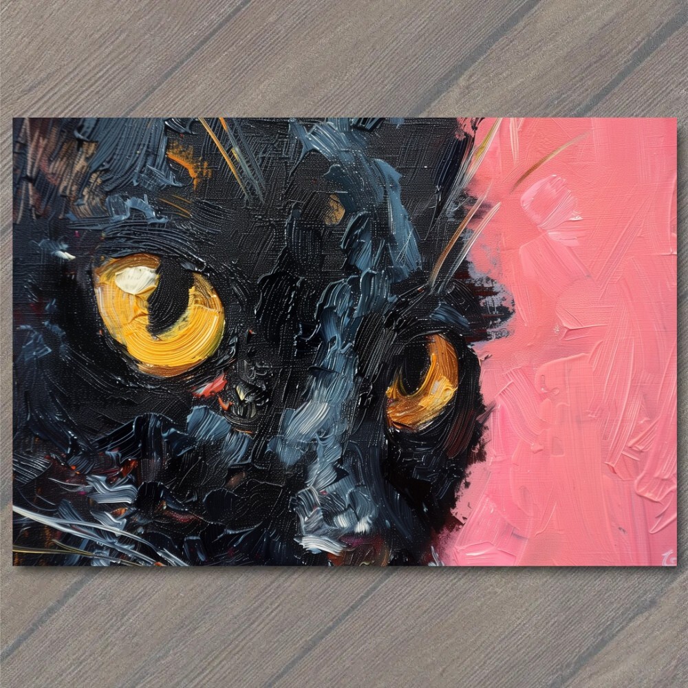 STICKER Black Cat Yellow Eyes Pink Pet Background Painting Cute Fun Feline