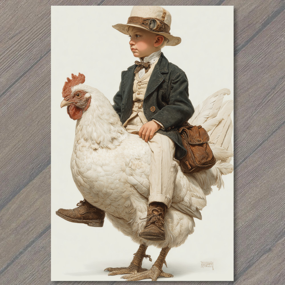 STICKER Boy Riding Giant Chicken Steampunk Hat Satchel Farm Animal Travel Kid