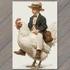 STICKER Boy Riding Giant Chicken Steampunk Hat Satchel Farm Animal Travel Kid