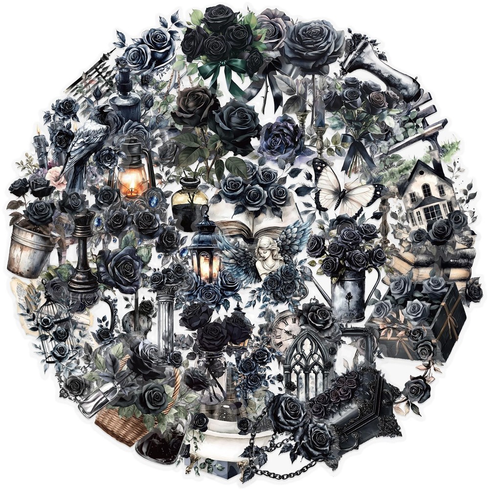 50Pcs Transparent Gothic Black Rose Stickers for Scrapbooking PET Nature B