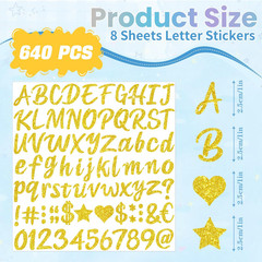 640 Pcs Gold Letter Stickers Glitter Alphabet Stickers, 8 Sheets Self-Adhesive A
