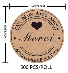 1 Roll 500 pcs Merci Kraft Sticker French Thank You 1 in / 25 mm Brand New