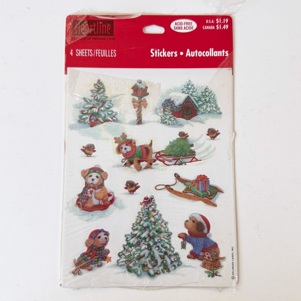Vintage Stickers Hallmark Heartline Dogs Puppies Christmas Snow 2 Sticker Sheets