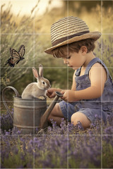 YOUNG BOY & BUNNY POSTCARD Scrapbook Card Topper Junk Journal Art Card 4″ x 6″