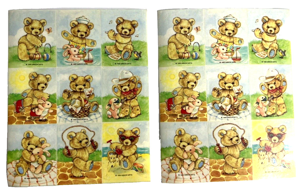 2 Vtg Sticker Sheets 1989 Gibson Teddy Bear Playing Outside Cute Animals USA