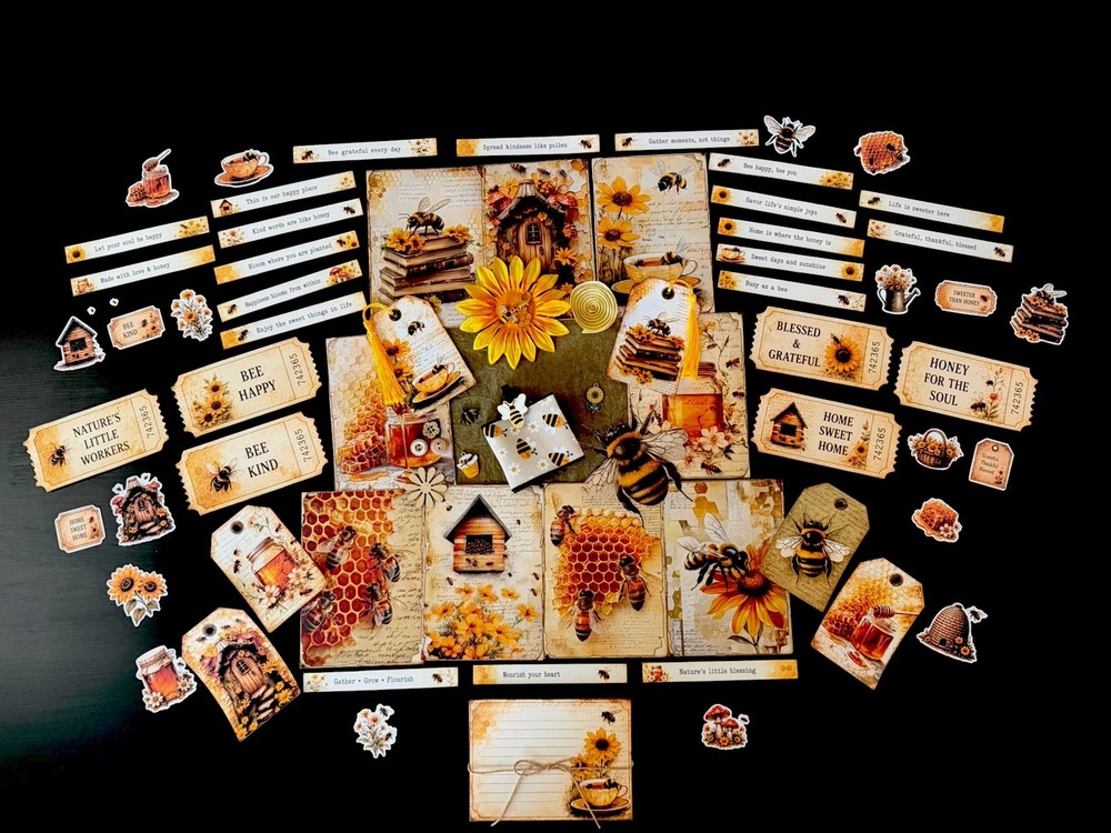 Bee Honey Junk Journal Kit Ephemera Tags Tickets Stickers Sunflower Vintage