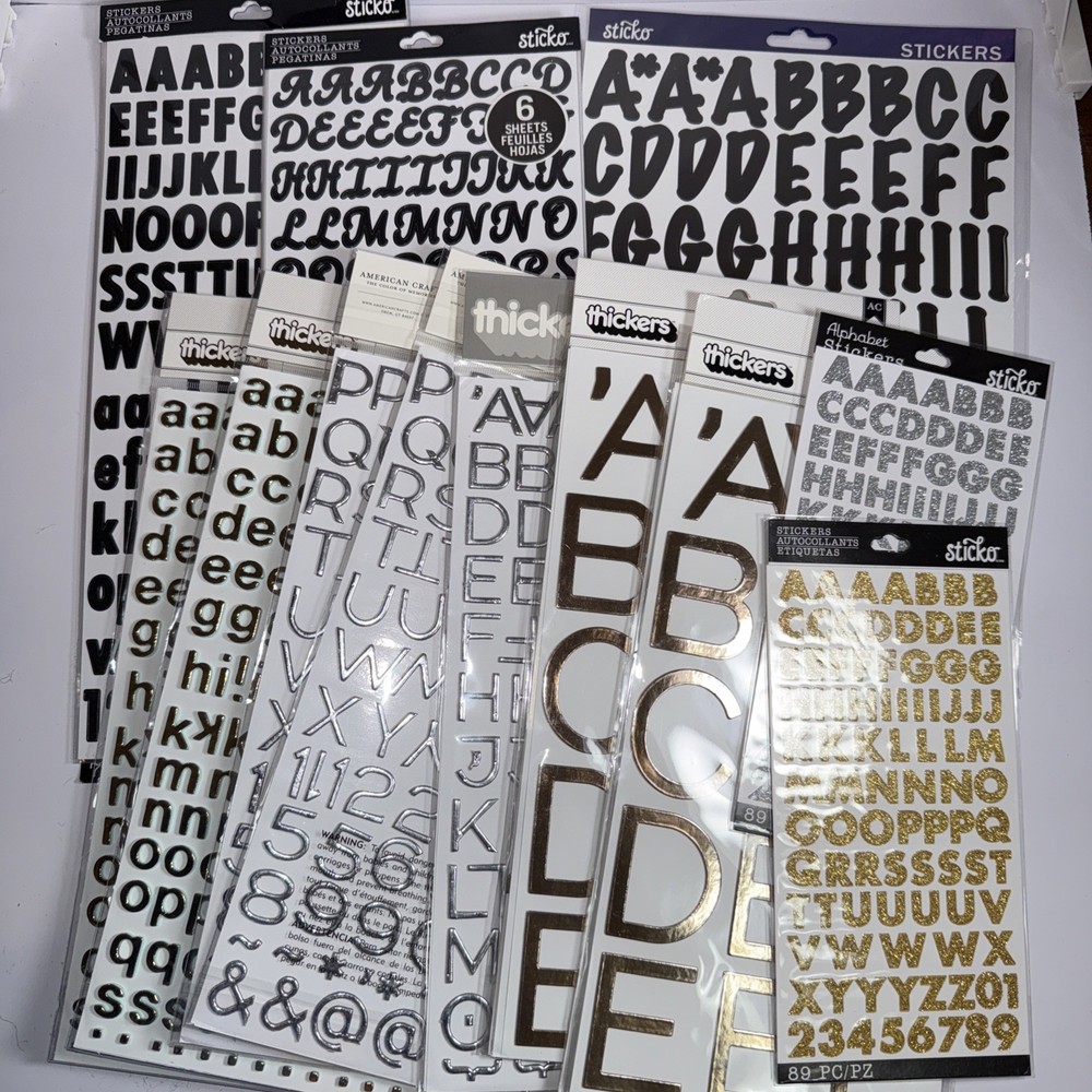 American Craft Thickers Sticko Alphabet Stickers Silver, Gold, Black Lot of 12