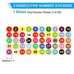 1 to 50 Number Stickers 1 Inch, Vinyl Round Labels Dot Decals, Multicolor