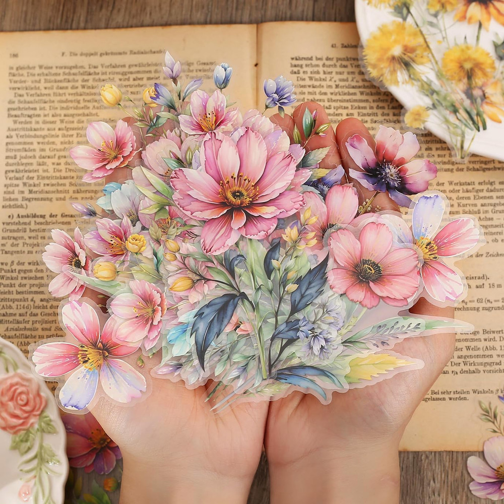 120 Pieces Watercolor Flower Stickers Set – Big 4.7″ Waterproof Clear Botanical