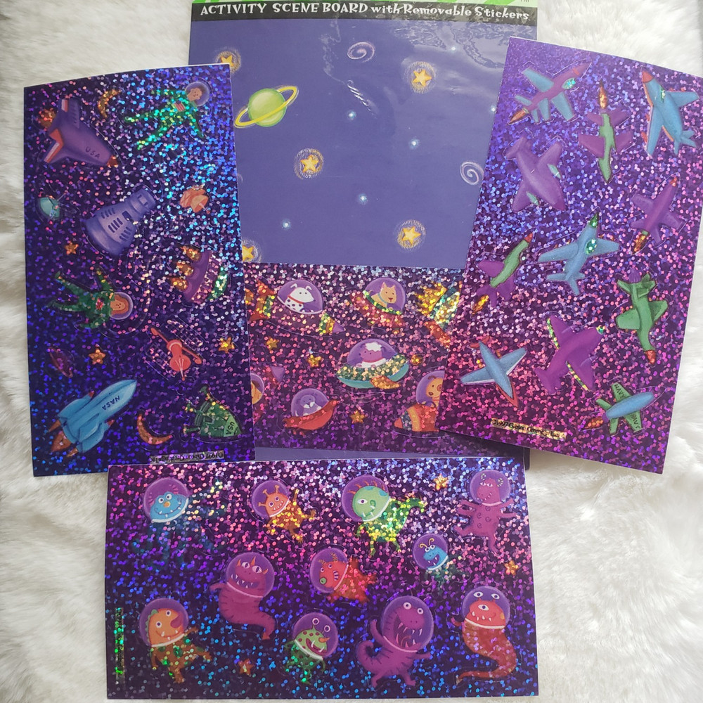 4 Vintage 1990s Glitter Aliens and Astronaut Sticker Sheet LOT – Activity Set