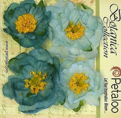 RUFFLED PEONY – TEAL BLUE 45 to 50mm x 4 Flowers with Centre FABRIC Petaloo A1