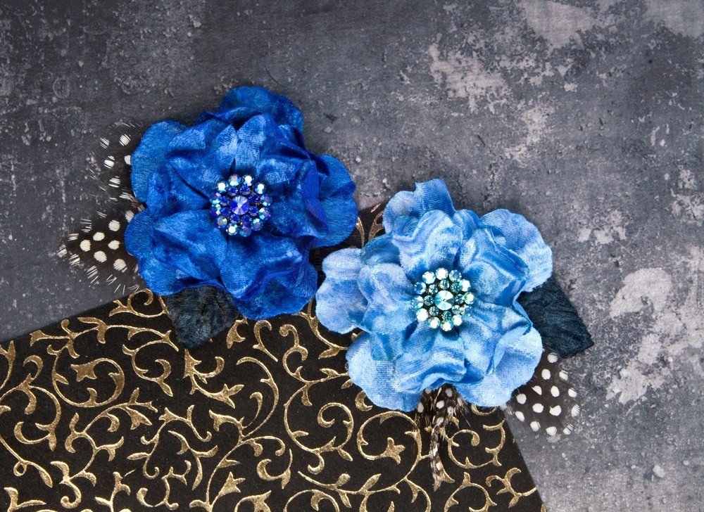 Prima «Plum-Azure» 2 Gorgeous Blue Fabric Flowers w/Blue Rhinestone Centers!