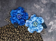 Prima «Plum-Azure» 2 Gorgeous Blue Fabric Flowers w/Blue Rhinestone Centers!