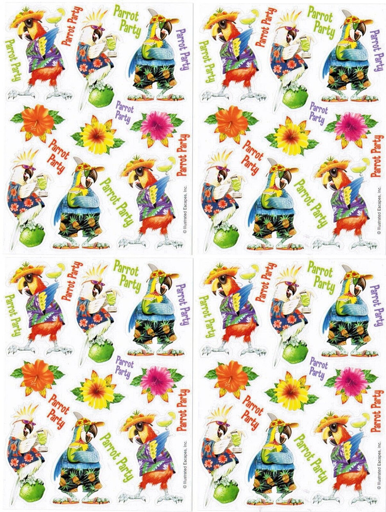 4 sheets PARROT Party Tropical Scrapbook Stickers Lime Hibiscus