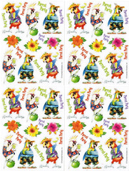 4 sheets PARROT Party Tropical Scrapbook Stickers Lime Hibiscus