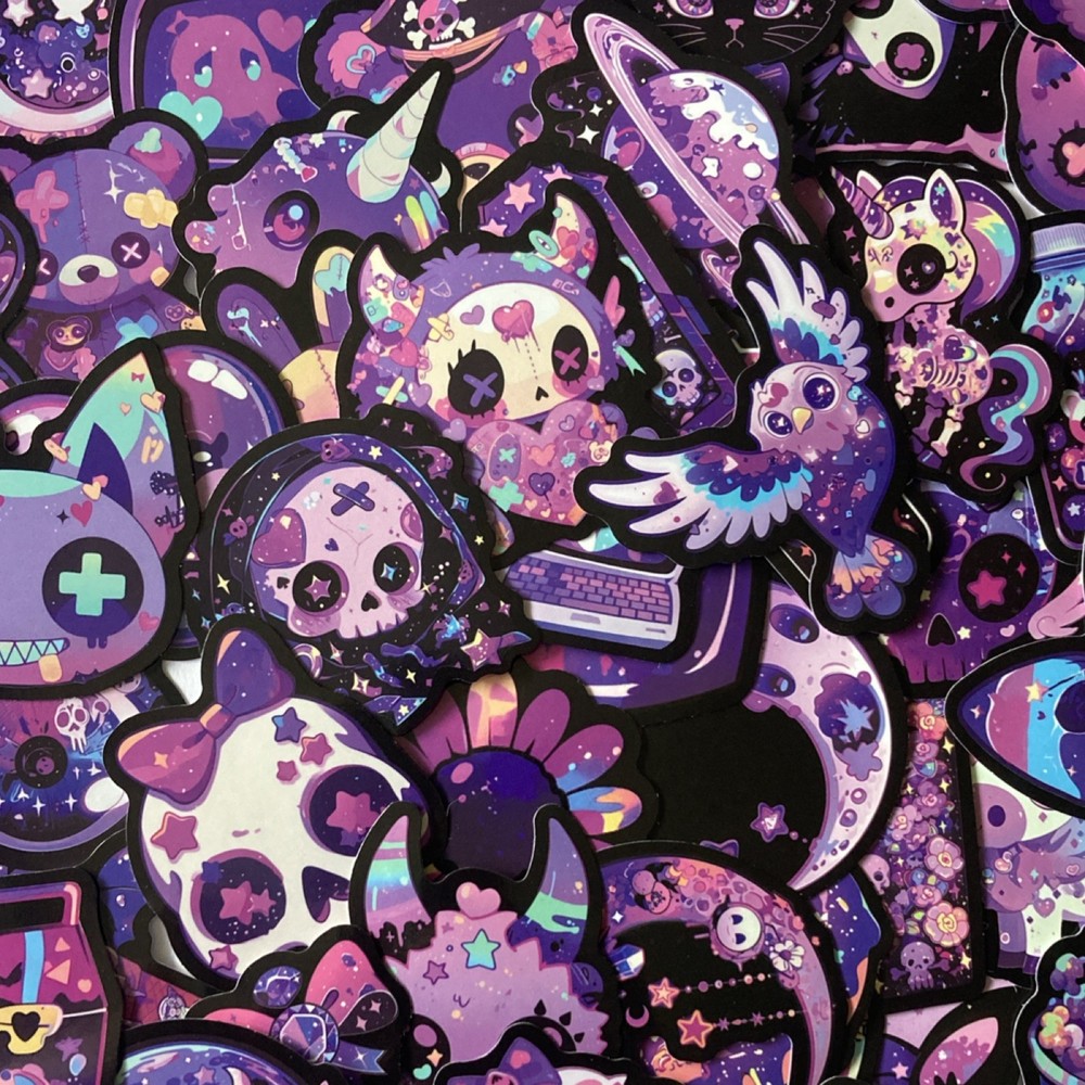 10 Purple Holographic Stickers Set – Fantasy Animals, Space & Insects Designs