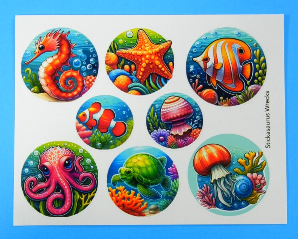 Sealife Circles Sticker Sheet Fish Turtle Octopus Seahorse Jelly Fish Starfish