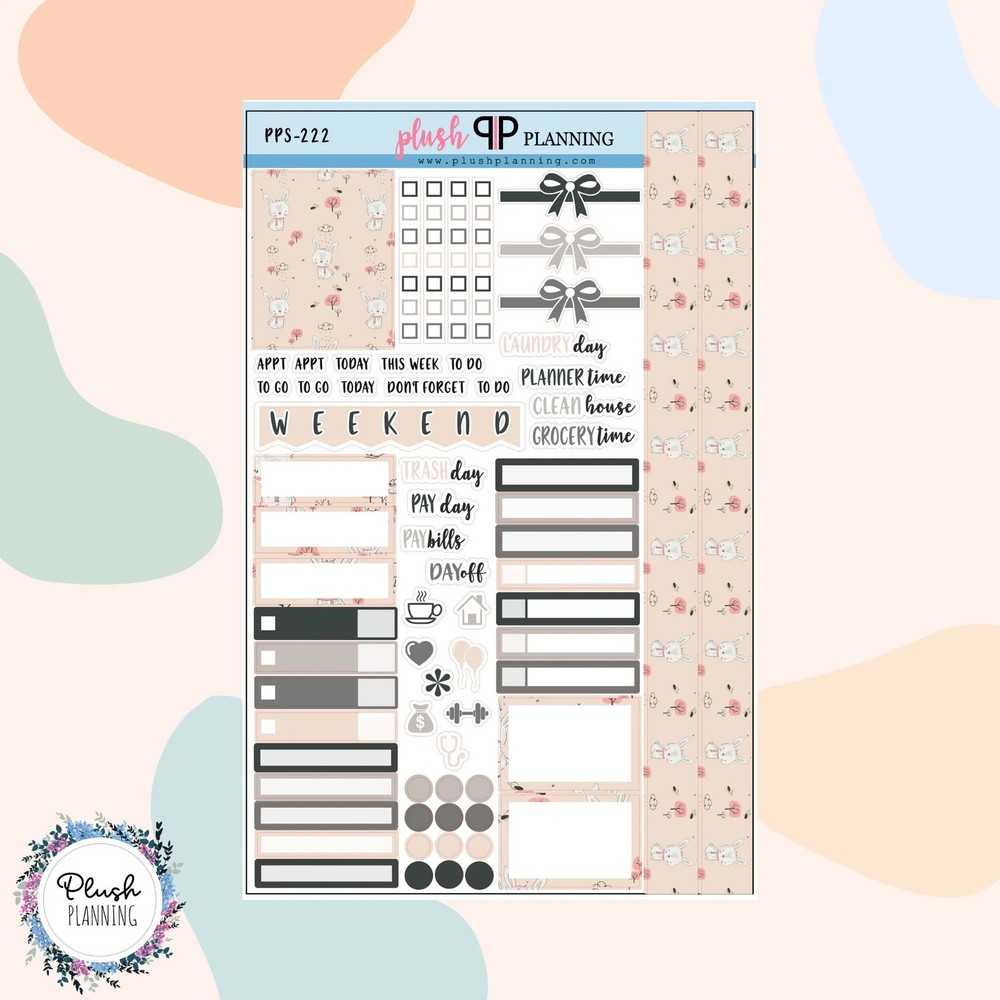 Kawaii Bunny Neutral Floral Pattern Planner Stickers Sampler, Floral Pattern,