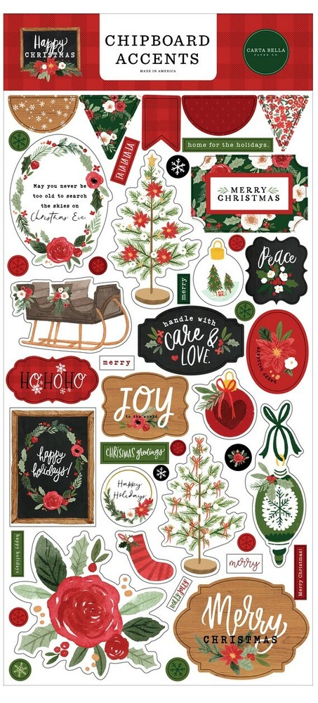 Carta Bella Paper HAPPY CHRISTMAS 6×13 Sheet of Chipboard Accents