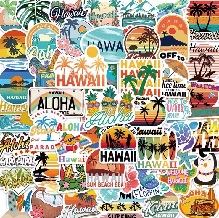50pcs Hawaiian Vacation Stickers Vinyl Waterproof Aloha Surf Beach Decals