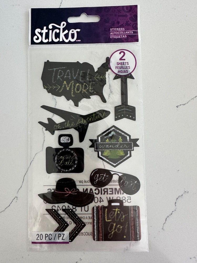 Sticko Autocollant Chalk Travel 20 PC Let’s Go Hat Airplane Wander Scrapbooking